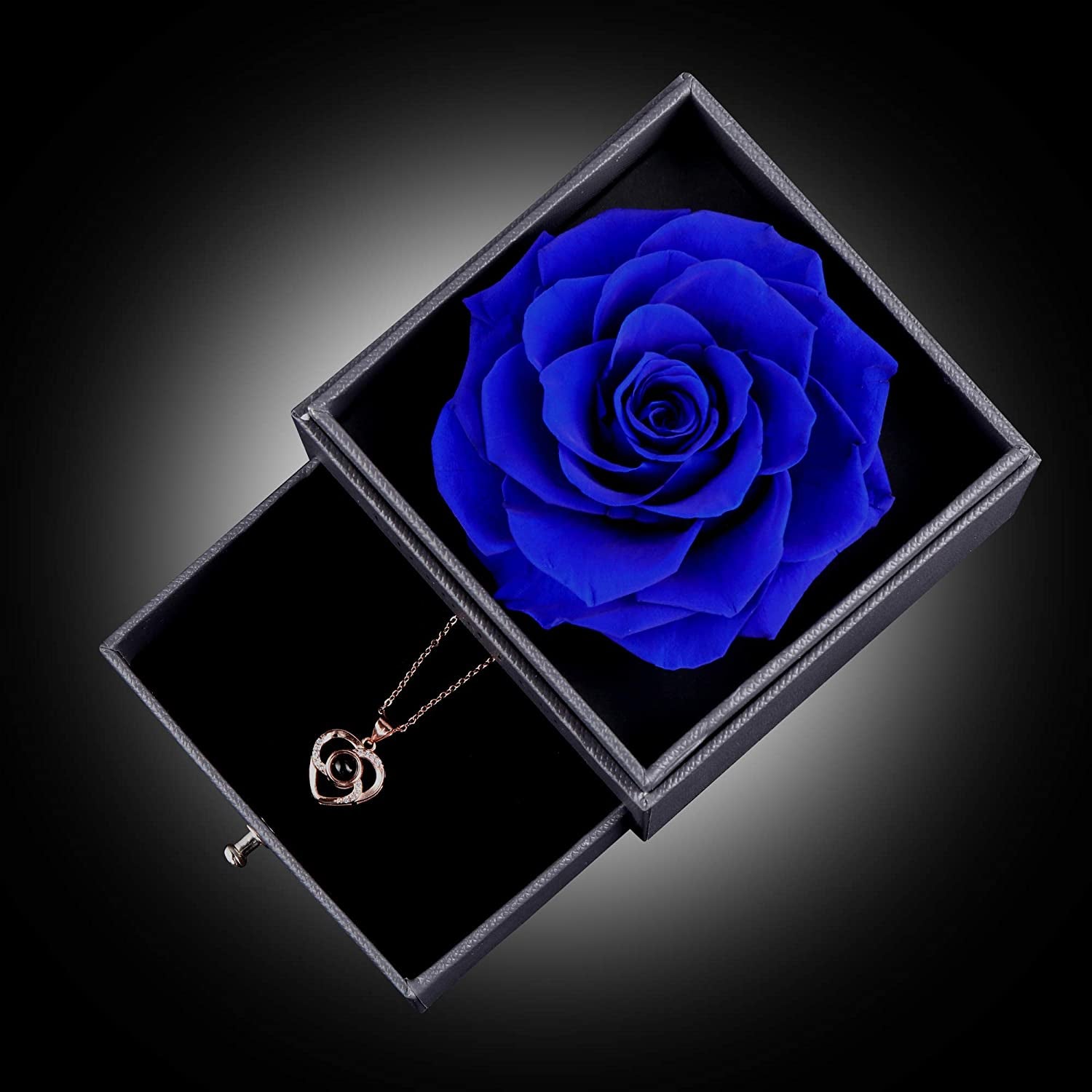 Preserved Real Dark Blue Rose with Love You Necklace in 100 Languages Gift Set, Enchanted Real Rose Flower for Valentine'S Day Anniversary Wedding Bthday Romantic Gifts for Her (Dark Blue Rose)