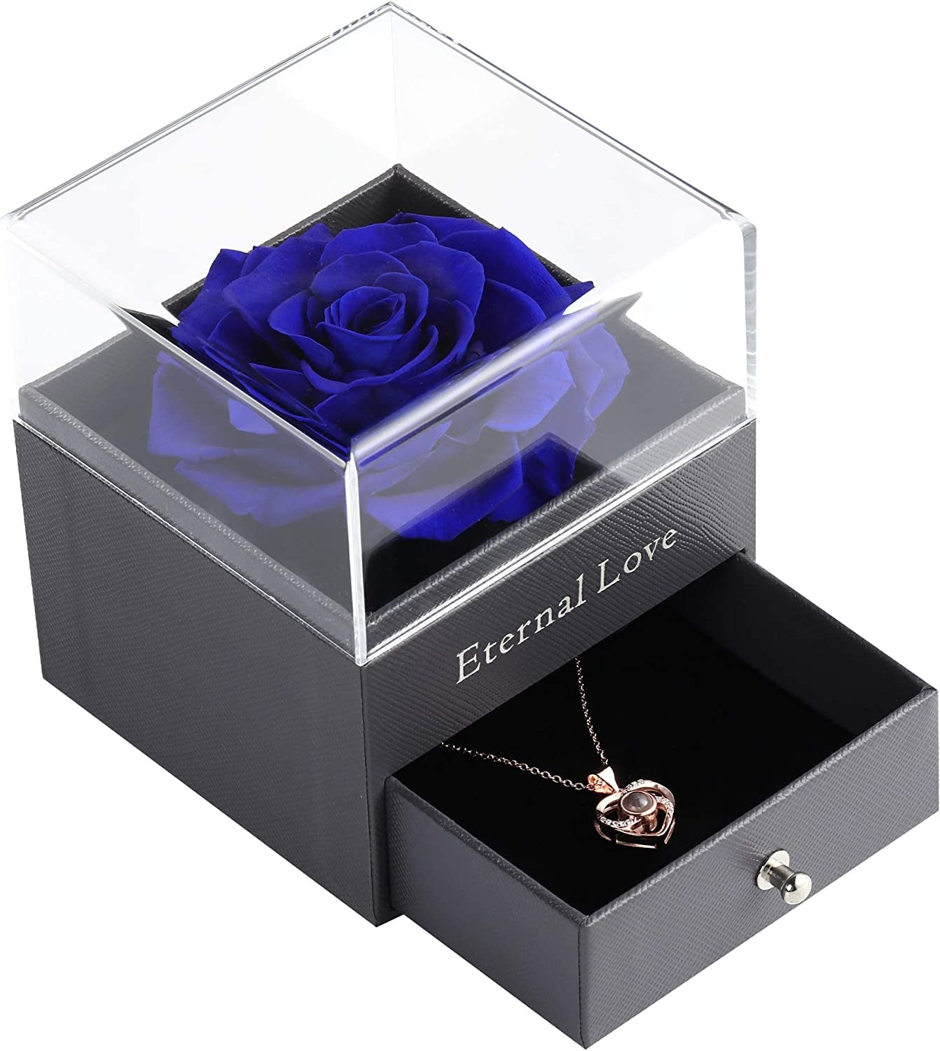 Preserved Real Dark Blue Rose with Love You Necklace in 100 Languages Gift Set, Enchanted Real Rose Flower for Valentine'S Day Anniversary Wedding Bthday Romantic Gifts for Her (Dark Blue Rose)