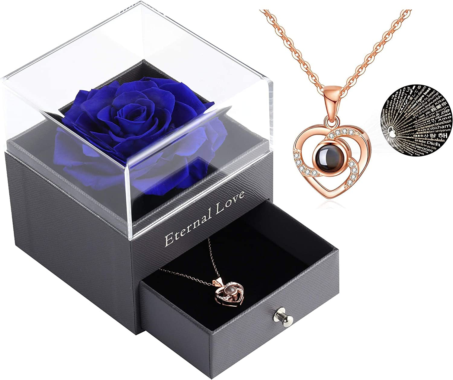 Preserved Real Dark Blue Rose with Love You Necklace in 100 Languages Gift Set, Enchanted Real Rose Flower for Valentine'S Day Anniversary Wedding Bthday Romantic Gifts for Her (Dark Blue Rose)